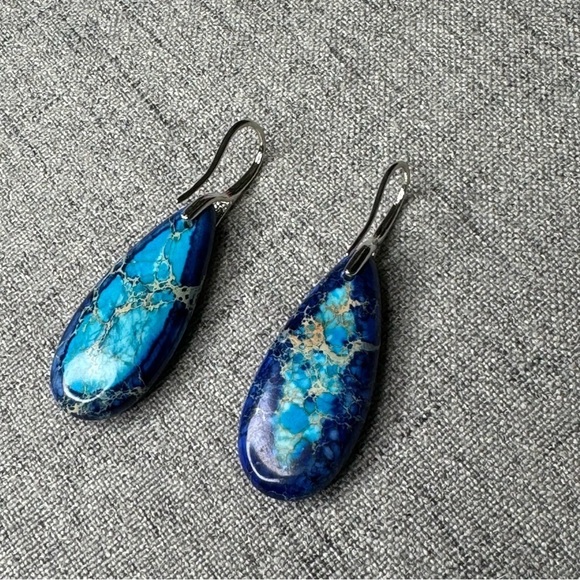 Silver & Blue Natural Imperial Stone Water Drop Tear Drop Earrings Nwt - Picture 5 of 9